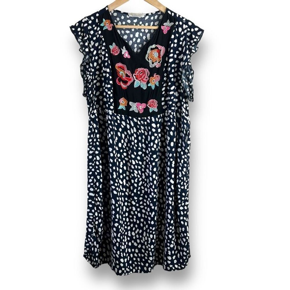 Kirundo Size L Floral Embroidered Ruffle Sleeve Knee Length Dress Navy White Dot